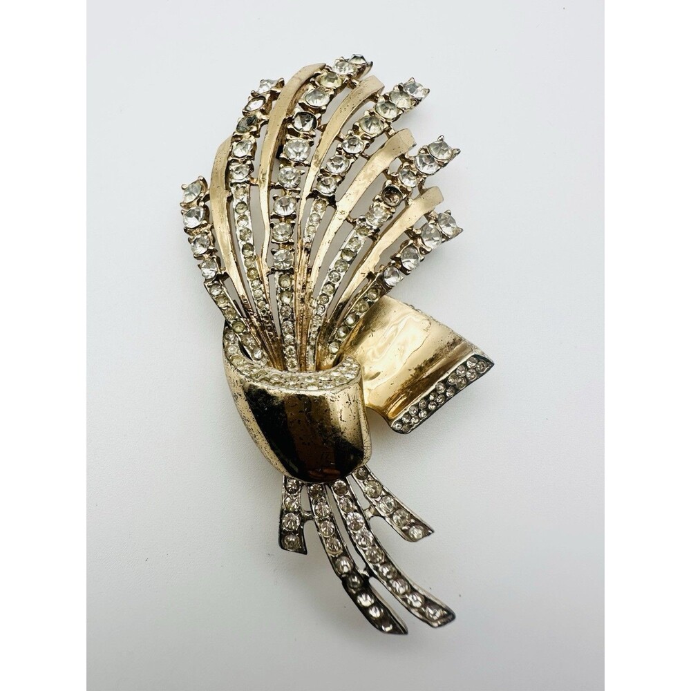 Vintage Coro Craft Sterling Brooch Vermeil Rhinestone Flower Bouquet READ